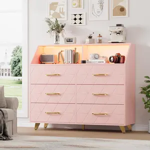Modern Wooden Dresser with 6 Drawers and Charging Station – LED TV Stand Chest for Bedroom, Closet, Living Room, Hallway and Entryway
