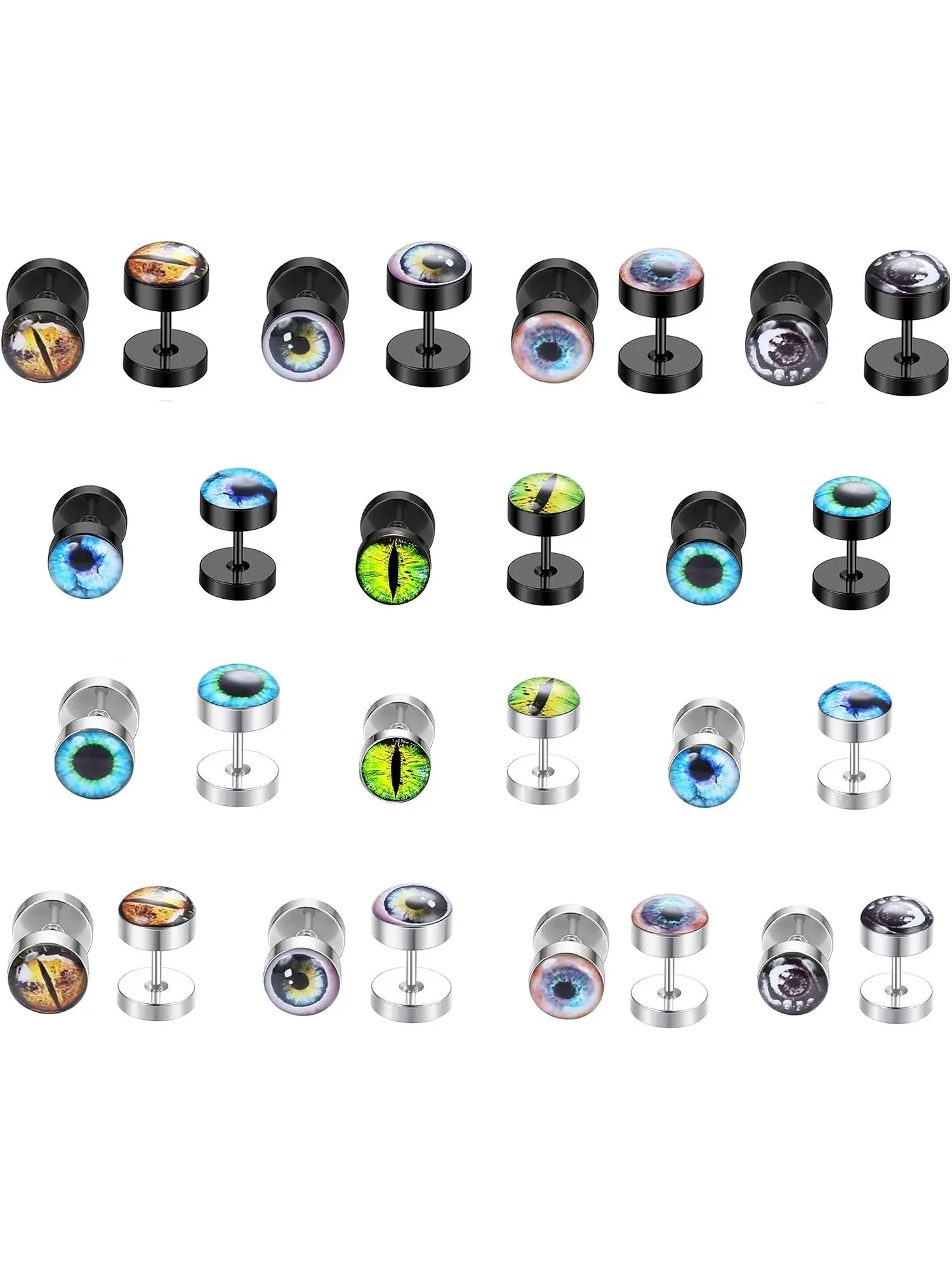 14 Pairs Cool Gothic Colorful Eyeball Barbell Studs for Men Women Stainless Steel Threaded Tragus Piercings Full Series Vivid Realistic Eyeball Printed Tops Versatile Alternative Punk Ear Accessory for Birthday Halloween Holiday Goth Streetwear Lovers