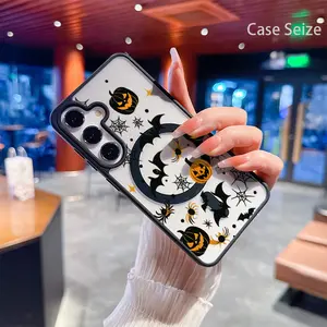 Phone Case - Halloween Pumpkins Bats Spiders And Cobweb Spooky Night Scene Black Border Magnetic Phone Case, Anti-Yellowing, Slim Lightweight & Bare Feel, Luxury Premium Design for Samsung Galaxy S22 S23Fe S24 S25 Plus Ultra