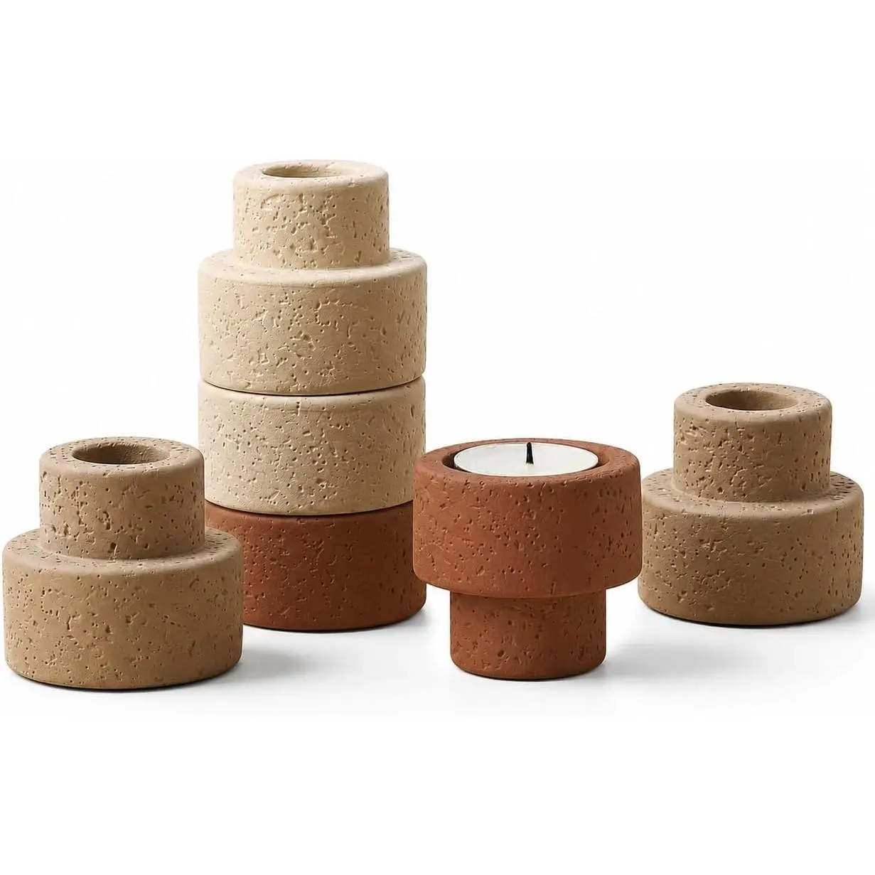 Set of 6 Concrete Candle Holders - Reversible Faux Travertine for 7/8" Taper & 1.5" Tealights, Stackable Heavyweight Minimalist Table Decor with Neutral Colors, Candles Not Included