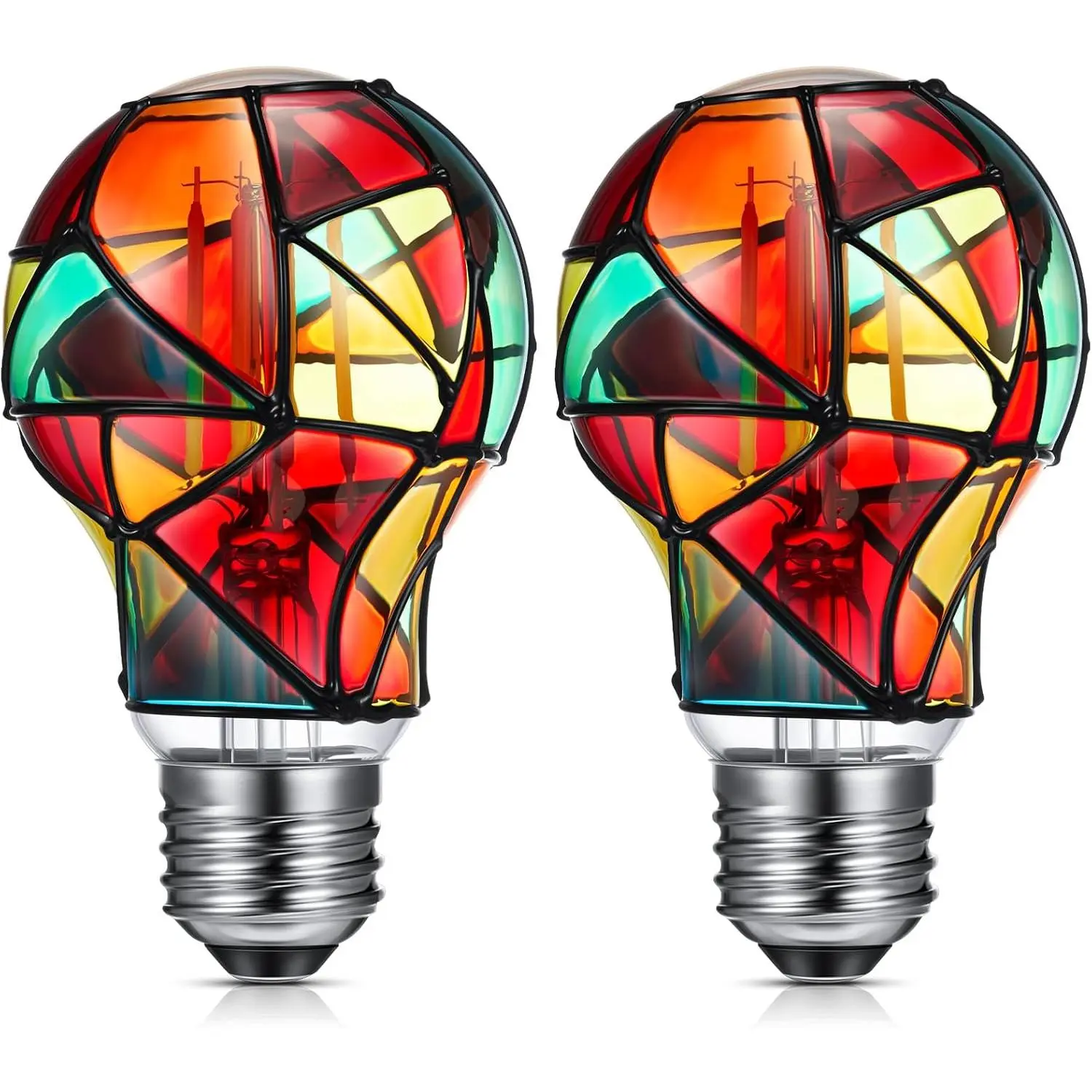 2 Pcs LED Stained Glass Bulb A19/A60 3.5w E26 Base Colorful Light Bulb 120v for Christmas Xmas Indoor Home Balcony Garden Party Decoration(Classic)