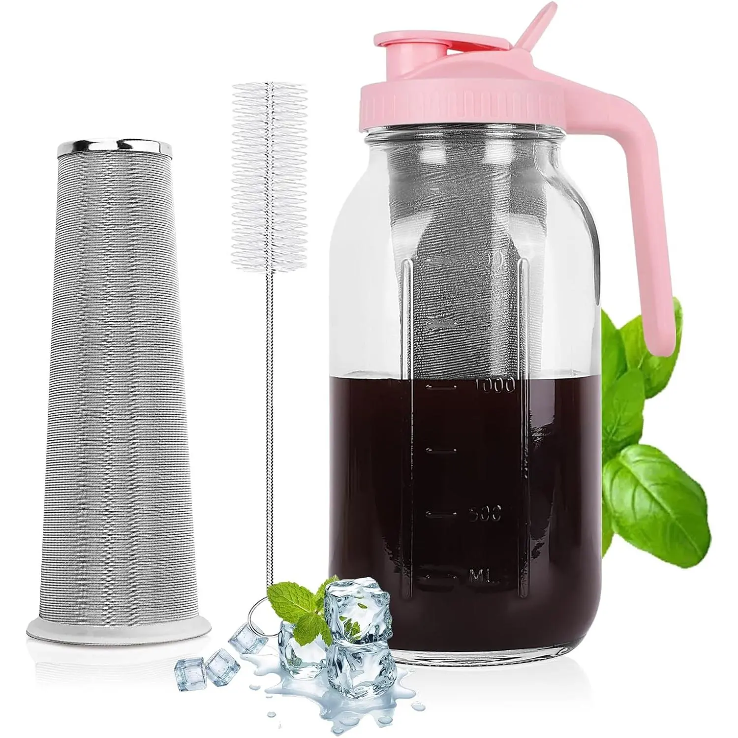 64oz Cold Brew Coffee Maker - Heavy-Duty Glass Mason Jar Beverage Pitcher with Stainless Steel Filter, Airtight Leak-Proof Lid, Handle, Precision Pour Spout, Plastic Components - Ideal for Iced Coffee Serving (Black)