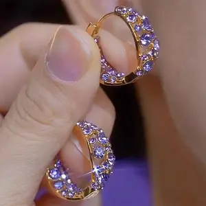 38#Women Purple Pave Cubic Zirconia Stud Earrings Daily Fashion Ear Accessories