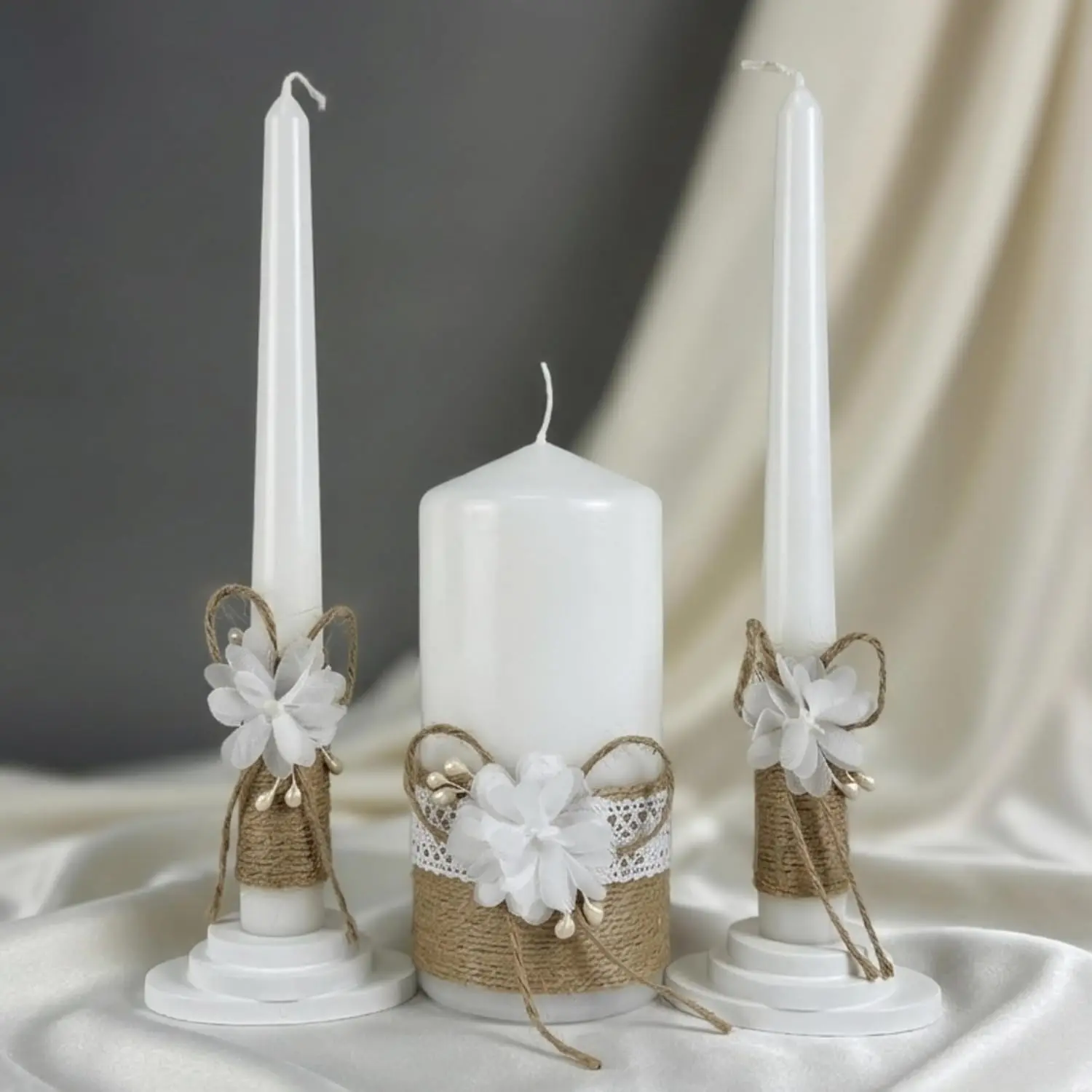 Rustic Blossom Unity Candle Set for Wedding Ceremony & Reception, Rustic Boho Handmade Wedding Candles, White Unscented 6" Pillar & 2 Taper 10" Marriage Candle Set, European Quality