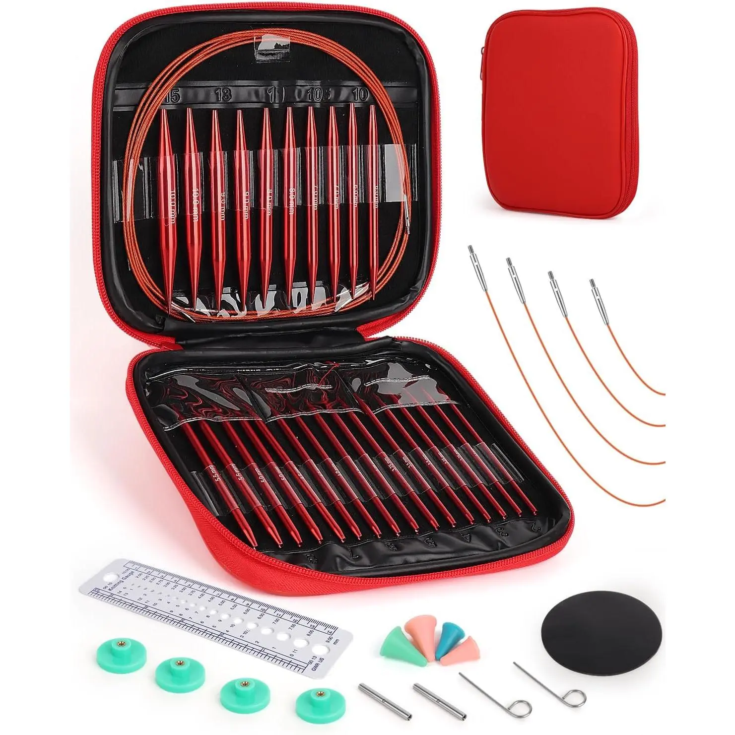 13 Pair Interchangeable Circular Knitting  Set 3-10 mm, Red |  Interchangeable Knitting  with 4 Cables, Smooth Complete  Set for Socks Blankets Sweaters, Ideal