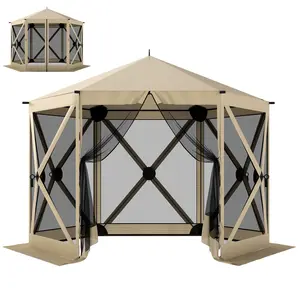10 x 11 ft Pop Up Gazebo Screen Tent, Portable Instant Camping Canopy Screen House with Nettings, Carry Bag, Beige/Dark Green