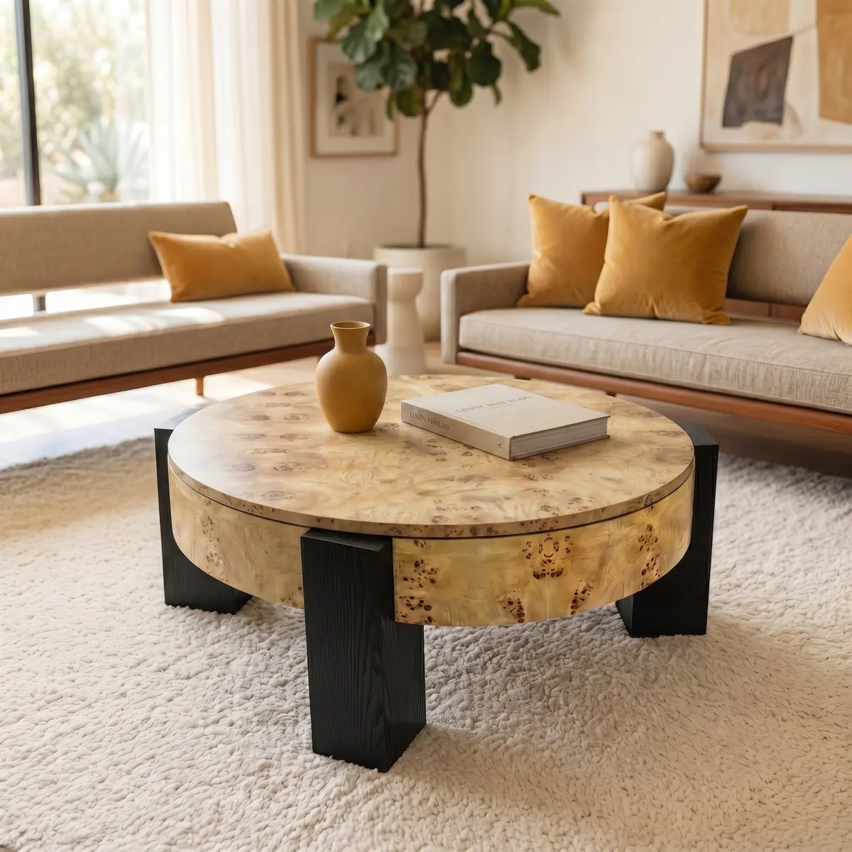 33'' Round Burl Wood Storage Coffee Table - Organic Modern with Hidden Compartment, 3-Block Sturdy Legs, Natural Burl & Black Center Accent Table for Living Room Small Spaces