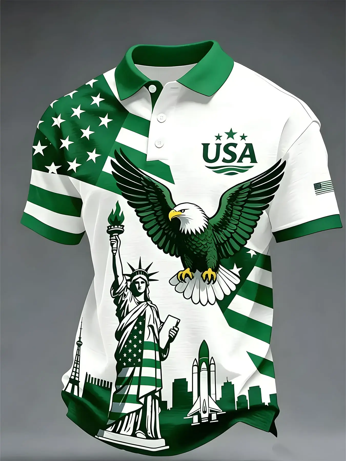American Independence Day Theme Men's Patriotic Polo Shirt, Short Sleeve, Liberty Statue Eagle Space Flag Print, Breathable Business Casual Fitness Top