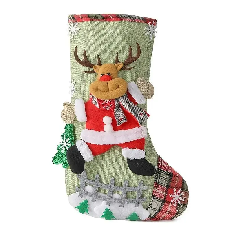 Classic Christmas Stocking Medium Size, Santa Snowman Reindeer Design, Holiday Party Decorations, Home Office Yard Decoration