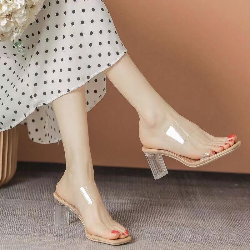 Plus Size Transparent High Heeled Shoes for Women Summer One Strap High Heeled Slippers Crystal Heel Chunky Heel Sandals