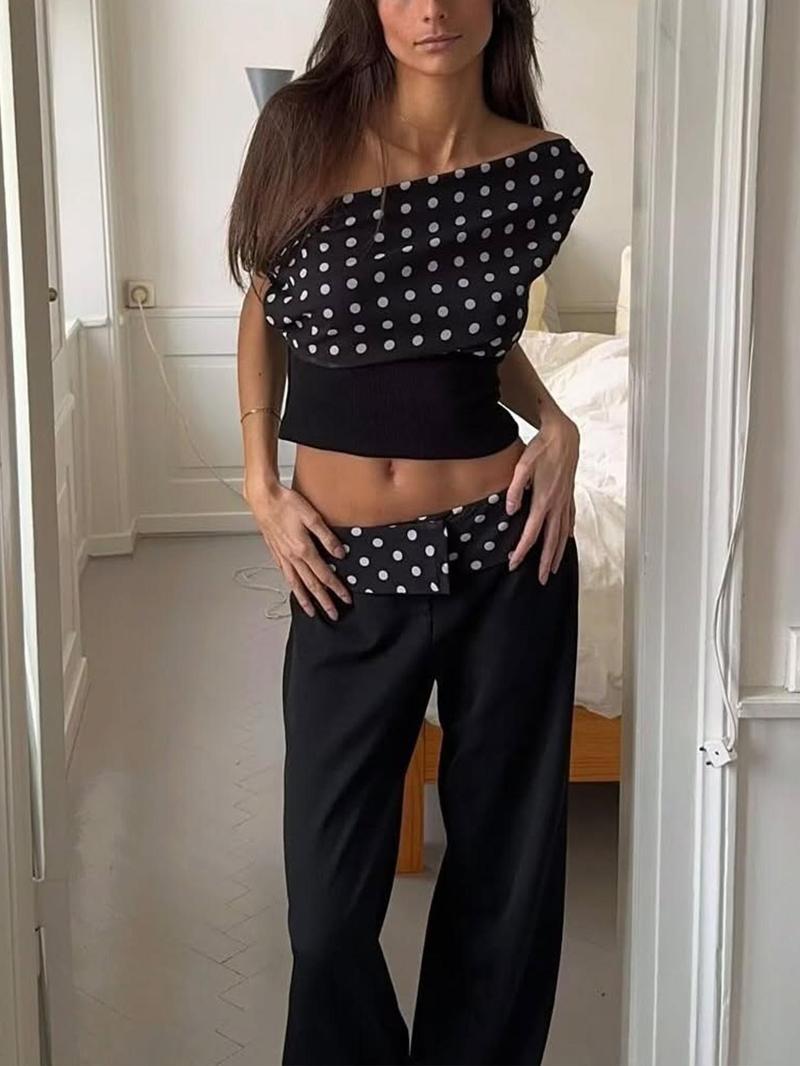 Women's Polka Dot Print Asymmetrical Neck Crop Tank Top, Casual Sleeveless Cropped Top for Daily Wear, Ladies Clothes for All Seasons, Casual Elegant Sleeveless