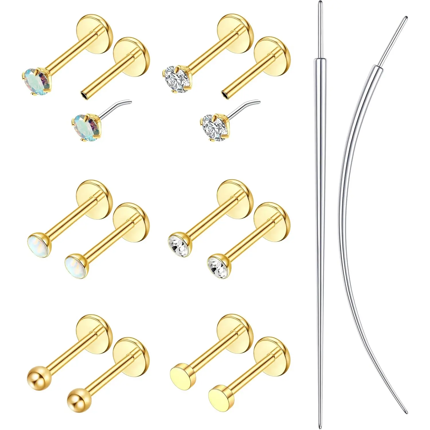 6 Pairs Flat Back Piercing Set, Surgical Steel Gold/Silver Nose & Cartilage Studs, Hypoallergenic 20G/18G/16G for Helix Tragus
