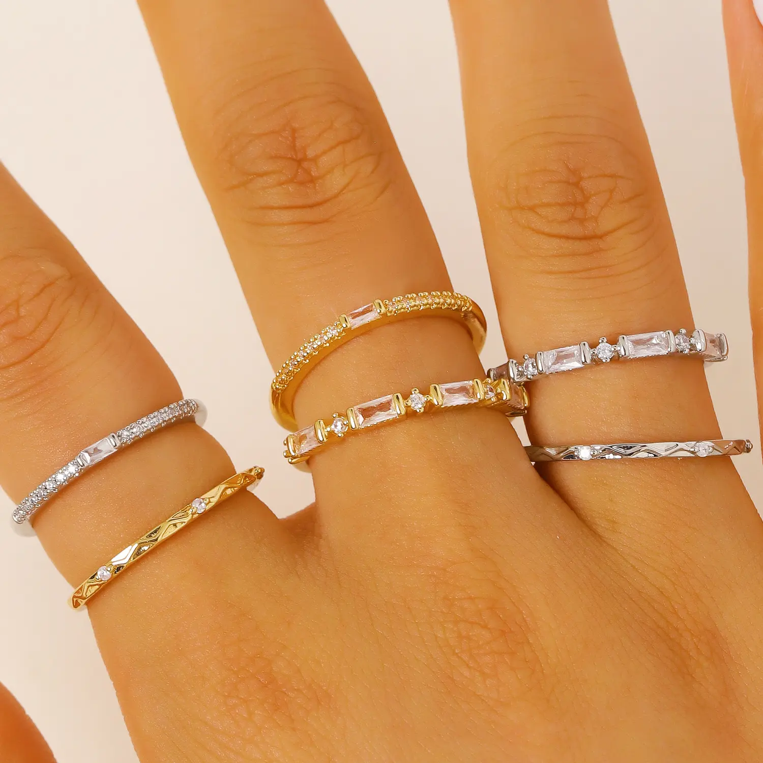 Women's 3-Piece Gold-Tone Stackable Ring Set, Minimalist Geometric Alloy Jewelry with a Baguette Cut Cubic Zirconia Eternity Band, Ring Stack, Stackable Rings