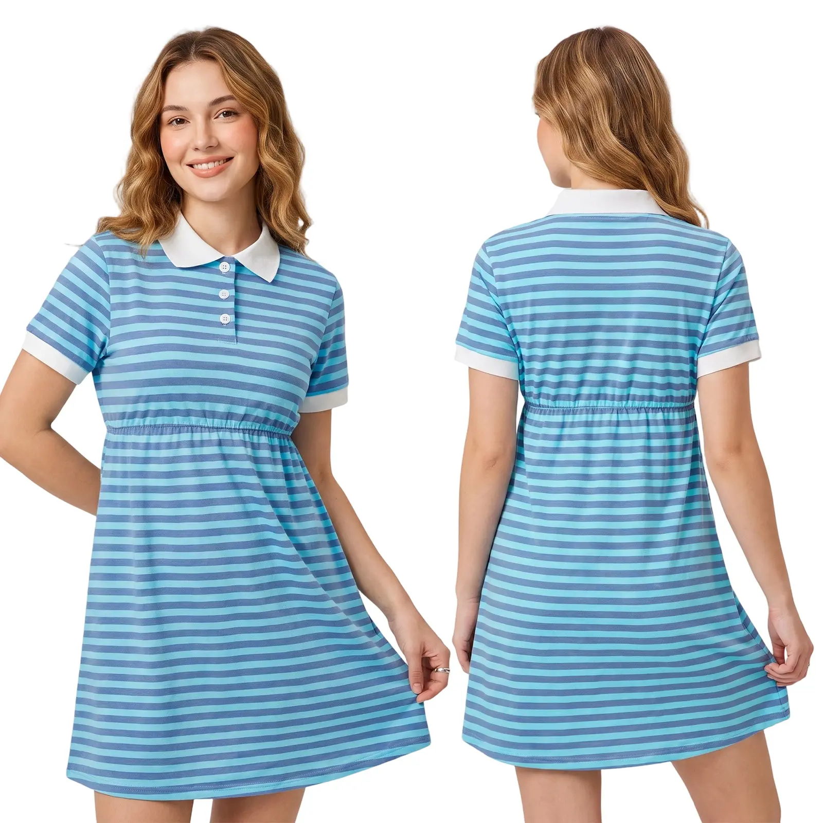 Women's Striped Mini T Shirt Dress Summer Short Sleeve Lapel Collar Dress