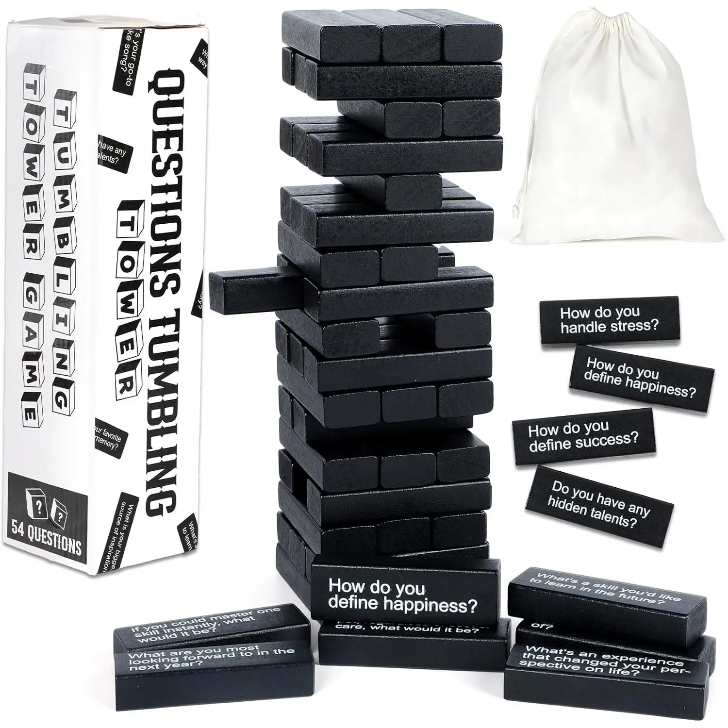 Wooden Tumbling Tower Question Game, 54 Fun Conversation Starters with Storage Box & Bag, Adult Family Night Team-Building Get to Know Each Other Stacking Blocks Toy