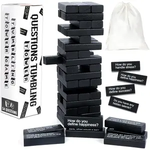 Tumbling Tower Question Game 54 Fun Conversation Starters Questions with Box and Storage Bag Wooden Tumbling Stacking Blocks for Adults Family Night Games Team-Building Get to Know Each Other