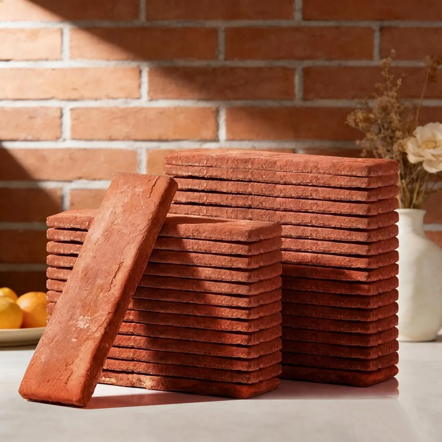30 count Red Thin Wall Brick Veneers 8 x 2.4 Inch Faux Brick Tiles for Kitchen Backsplash Fireplace  Textured Plaster Wall Panels DIY Indoor Decor for Living Room, TV Background