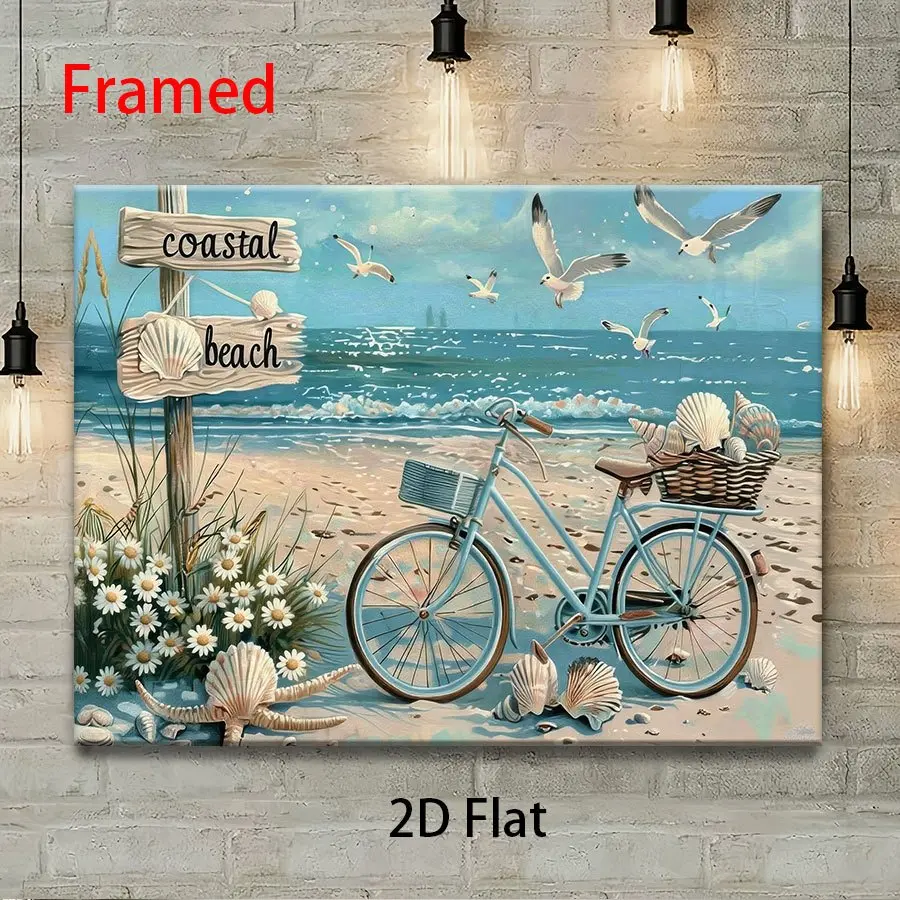 Artistic 2D Flat Framed Canvas Poster, 1-Piece Coastal Beach Theme Decorative Painting - Sea View with Cyclist, Shell-Picking & Seagulls, Ideal Halloween/Christmas Gift for Office, Living Room Wall Decor