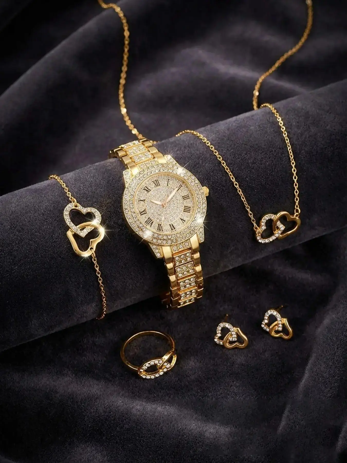 Ladies' Elegant Fashion Watch and Fashion Jewelry Set, Round Dial Simulated Quartz Watch, Bracelet, Necklace, Ring and Earrings, Exquisite Watch Set with Gift Box, Trendy Watch Set