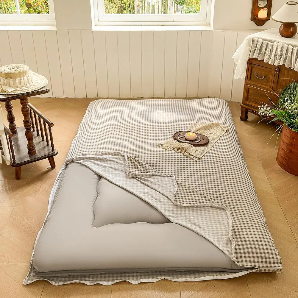 Japanese Floor Mattress Futon Cover Queen Fits 3-4" Thick Pad, Checked Plaid Grid Japanese Tatami Mattress Cover, Guest Sleeping Mat Cover for Floor (Queen)