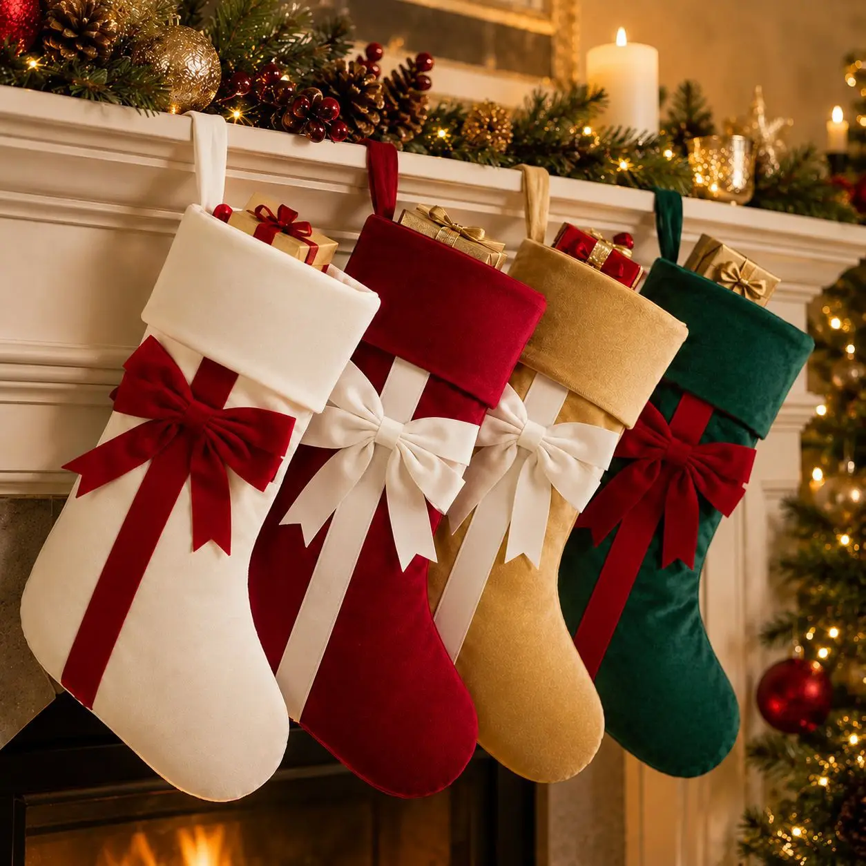 Luxury Velvet+Satins Christmas Stockings with Large Bow, 46x25cm Gift Storage Socks for Family Holiday Decor, 4 Colors (Red, Green, White, Gold) Available, 100pcs/carton Fashion Accessory