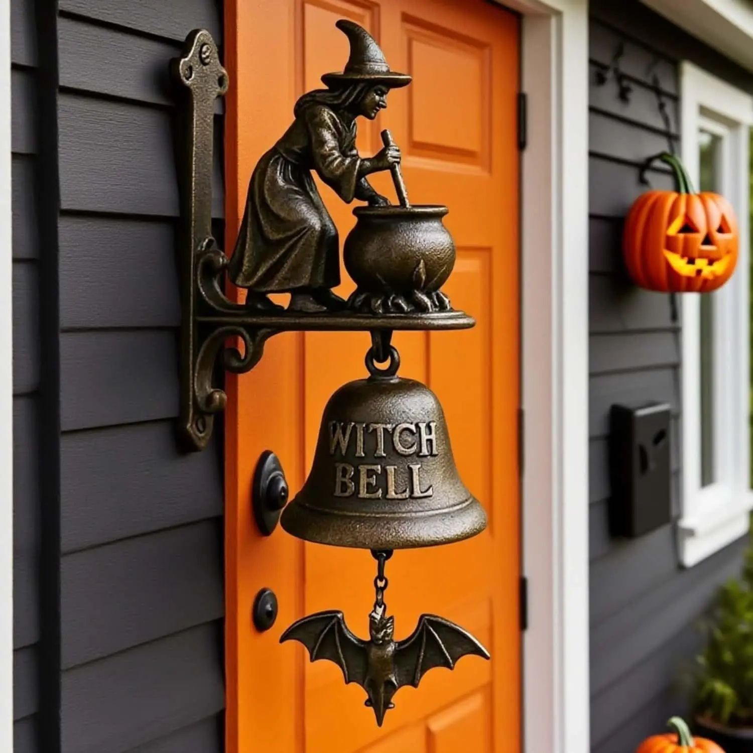 Vintage Resin Witch Bell Wall-Mounted Decorative Doorbell, Gothic Style Decor with Bat Pendant, Halloween Hanging Bell for Front Door Entryway Home Wall Decoration