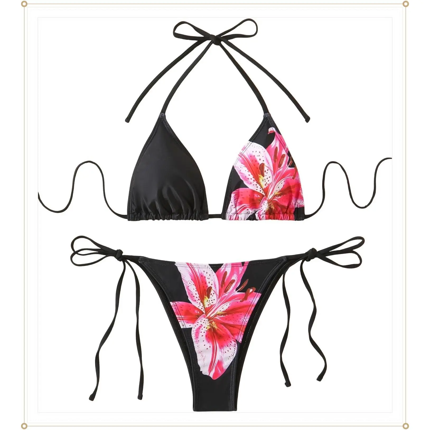 SEGT Women's 2-Piece Floral Print Halter Neck Tie Triangle String Thong Swimsuit, Summer Beachwear for Women, Swimming Bathing Suit (Gift)