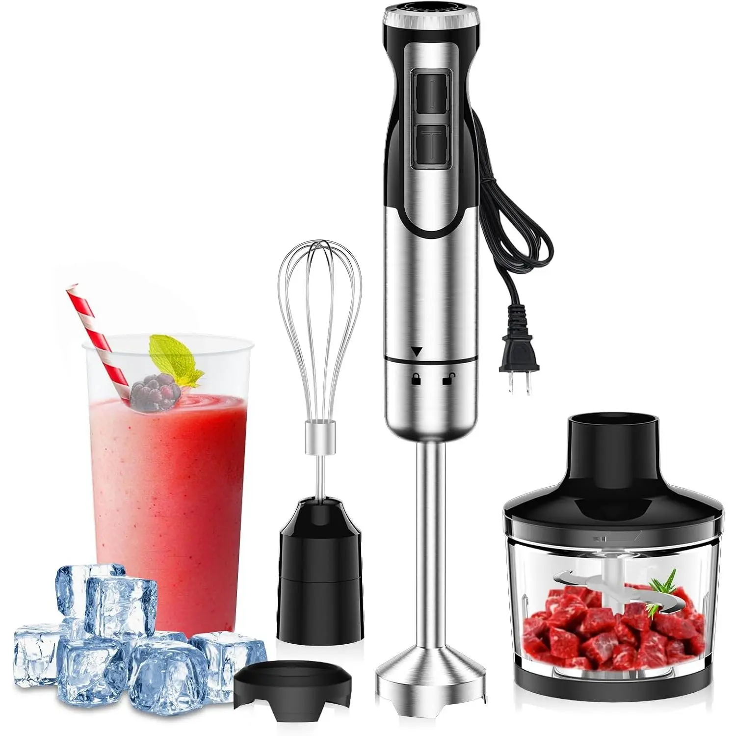 1800W High Performance Handheld Immersion Blender - 4-in-1 Multipurpose Kitchen Blender Stick with 8 Speed, Turbo Boost, Stainless Steel Whisk, Beaker for Ice Crushing, Smoothie, Soup, High Performance Blender