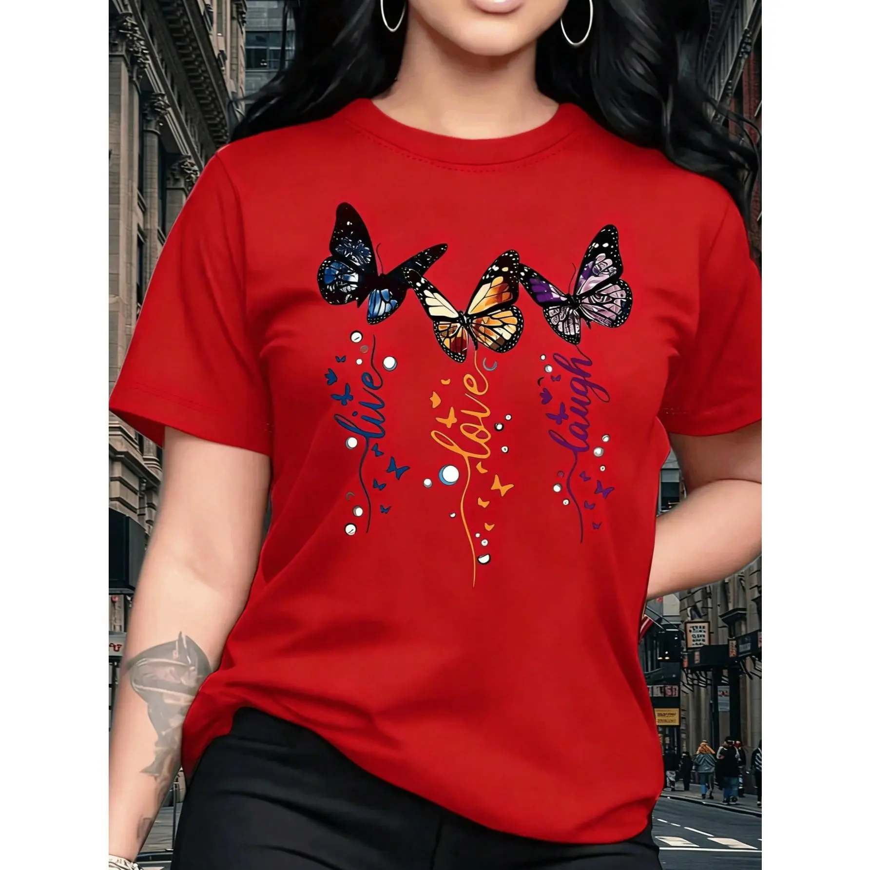 Women's Short Sleeve T-Shirt, Dreamy Colorful Butterfly Pattern Print, Vintage Elegant Exquisite Cute Sexy Sweet Style Round Neck Top, Regular Fit, Women's Gift Birthday Gift, Commuting T-Shirt Party T-Shirt, Soft And Comfortable Fabric