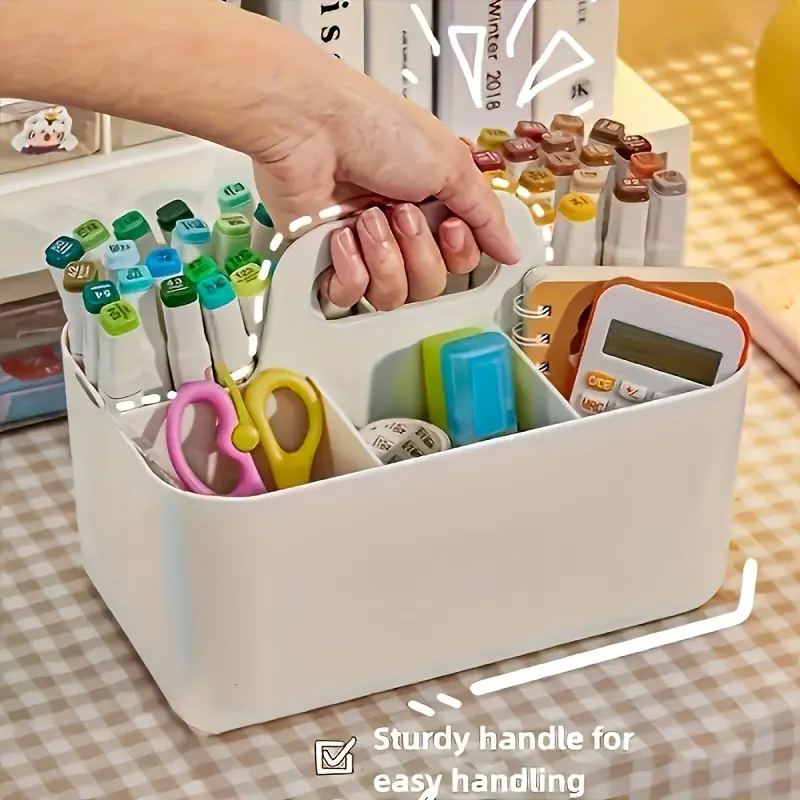 Multi functional storage box with handle, convenient for organizing portable pencil and pencil holder stationery boxes, desktop 5-grid partitioned storage box, transparent marker pen storage box, used for art crafts and back to school teacher supplies