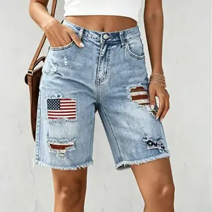 Women's Retro Distressed Denim Shorts with USA Flag Embroidery Patches - Frayed Hem Mid-Rise Bermuda Shorts Suitable for Spring/Summer, Casual Beachwear & Everyday Outfits, Machine Washable Denim Shorts