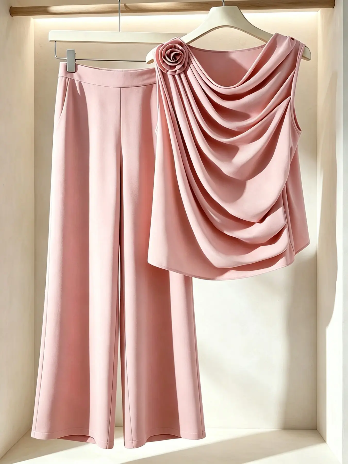 Chiffon Pleated Rose Backless Top High Waist Wide Leg Pants Set, French Chic Style, Breathable Elastic Waist, Daily Party Office Wear Clothes
