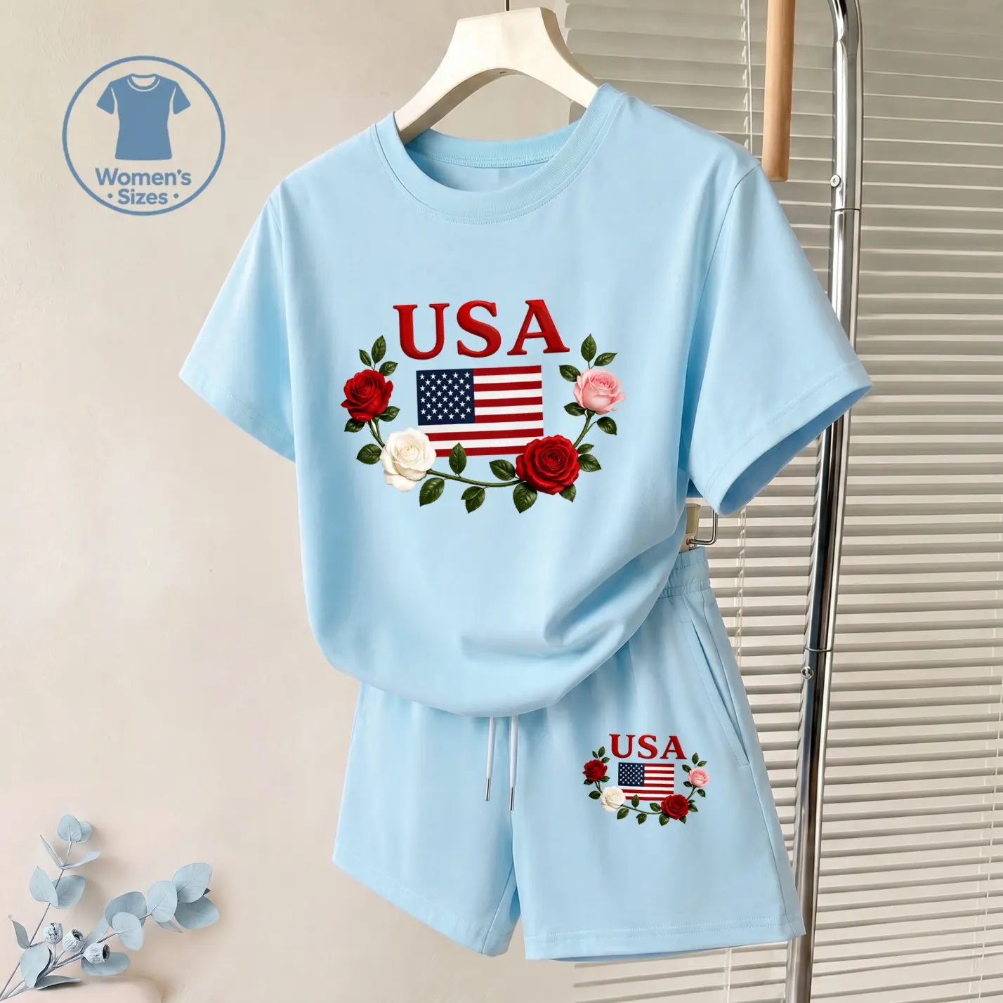Women’s American Flag Graphic Print Casual 2-Piece Shorts Set, Short Sleeve T-Shirt and Drawstring Shorts Outfit, Comfortable Lounge Set for Beach, Vacation, Cruise, Travel, Daily Wear and Summer Casual Style