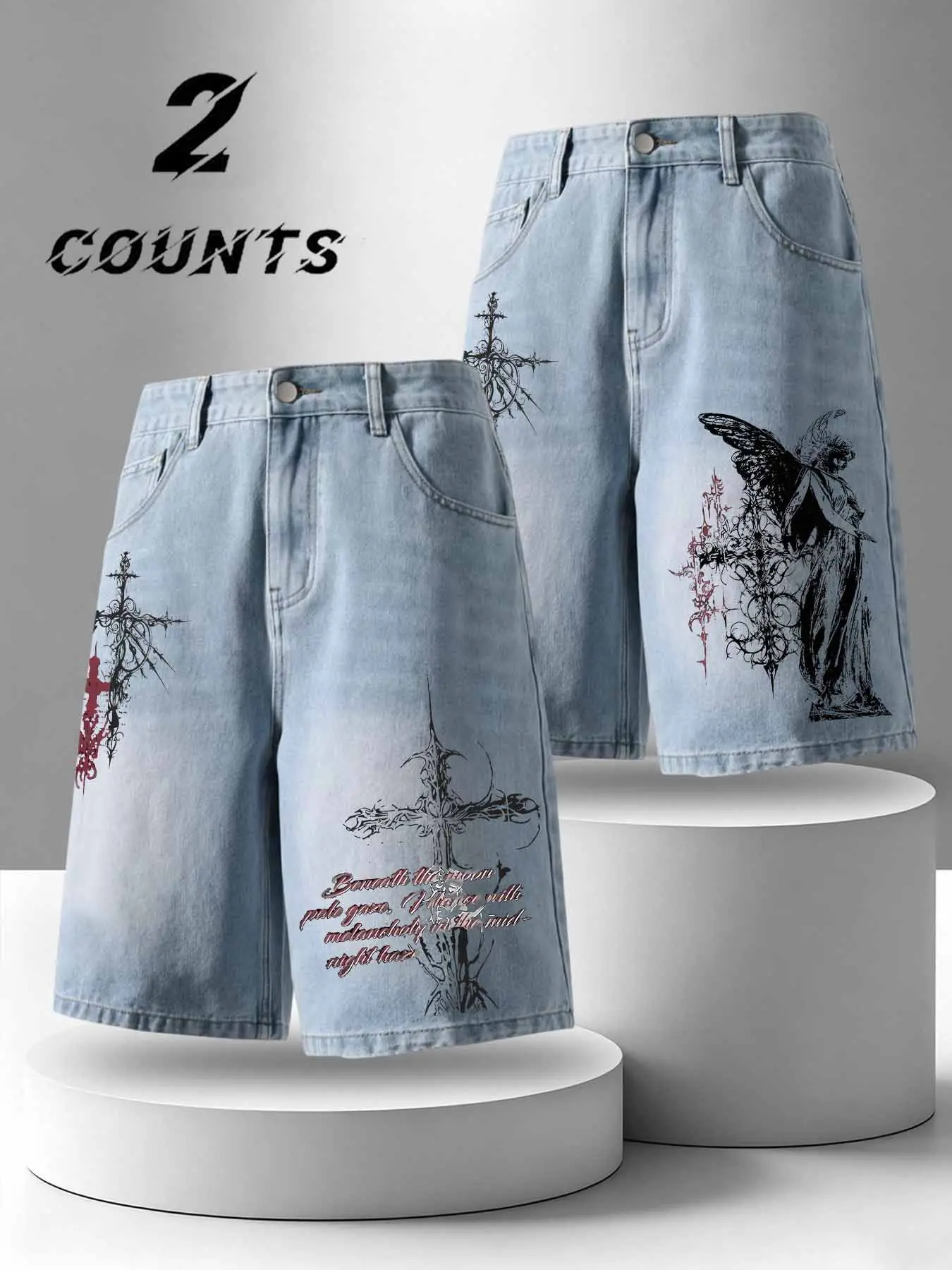 Men's Cross Patchwork Jean Shorts, American High Street Gothic Style, Summer Comfortable Two-Piece Set, Versatile Casual Bottoms