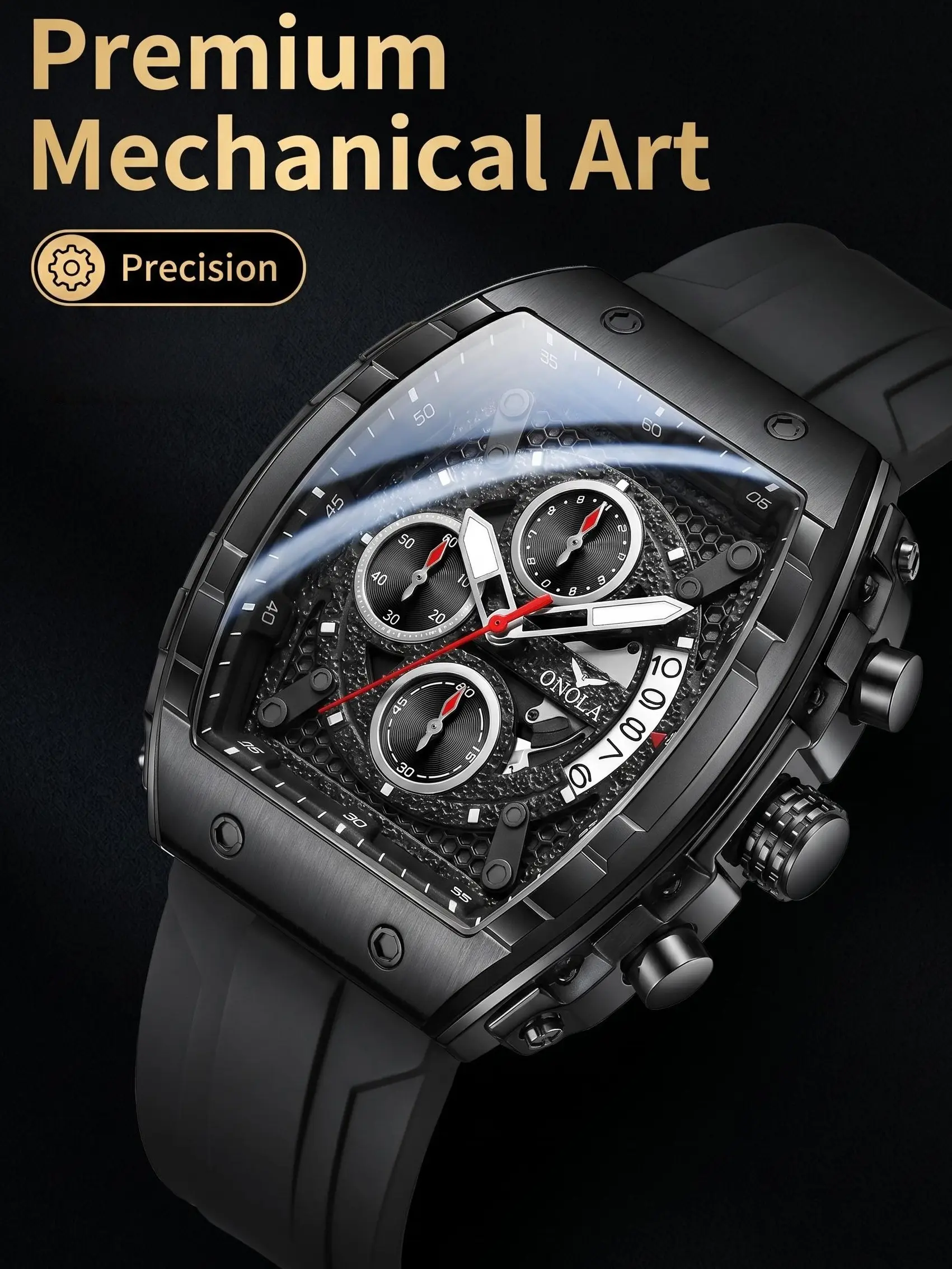ONOLA Fashion Men Watch Business Men Quartz Watch Chronograph Watch Tonneau Square Case Week Date Display 30M Waterproof Soft Rubber Strap Alloy Case Sport Luxury Male Wristwatch Daily Trend Gift Watch for Men Casual Business Wristwatch