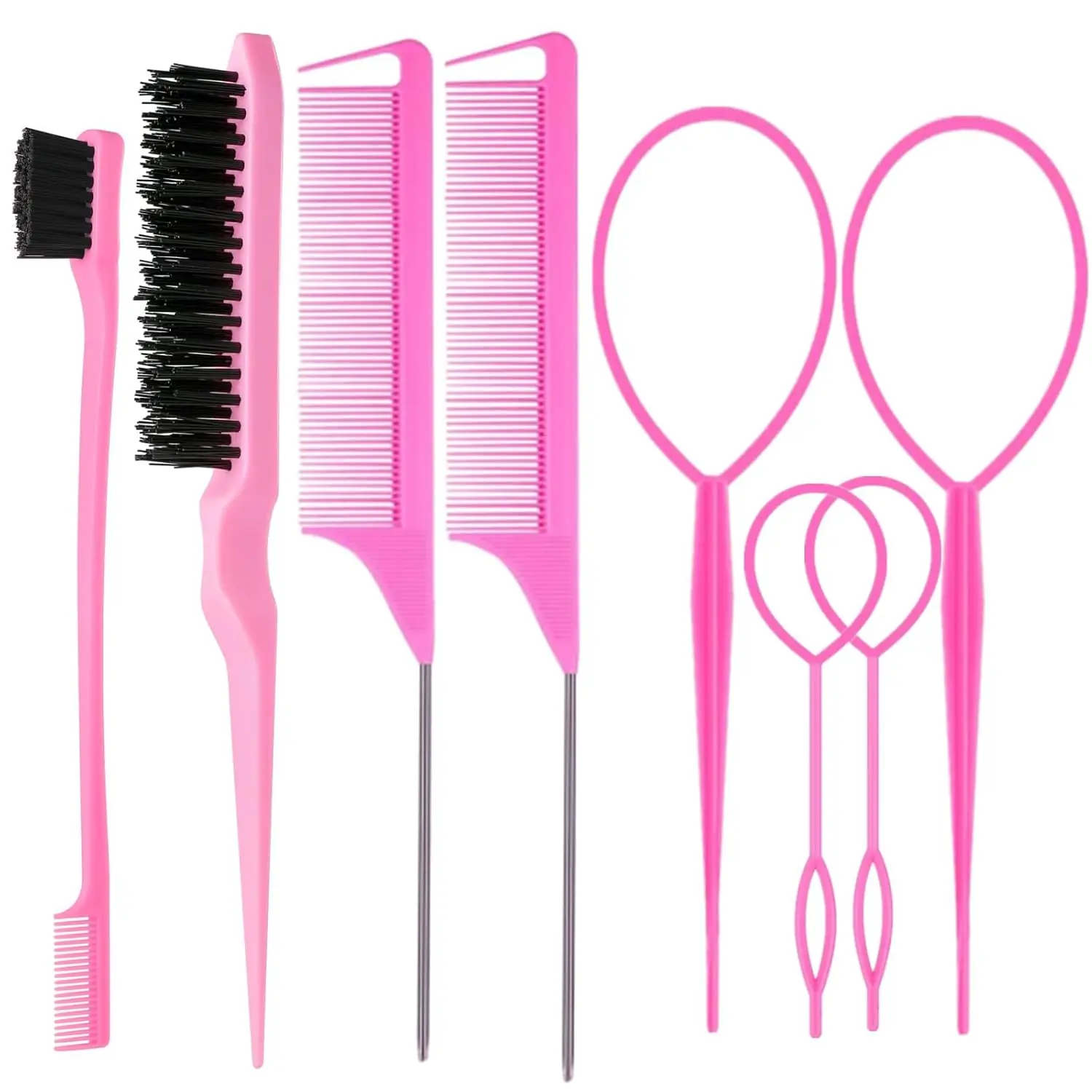 8Pcs Hair Brushes Set with 4Pcs Topsy Hair Tail Tools 1Pcs Bristle Teasing Hair Brush 1Pcs Edge Control Brush 2Pcs Metal Pin Rat Tail Combs Woman Girl hair Styling,Edge&Back Brushing,Pink