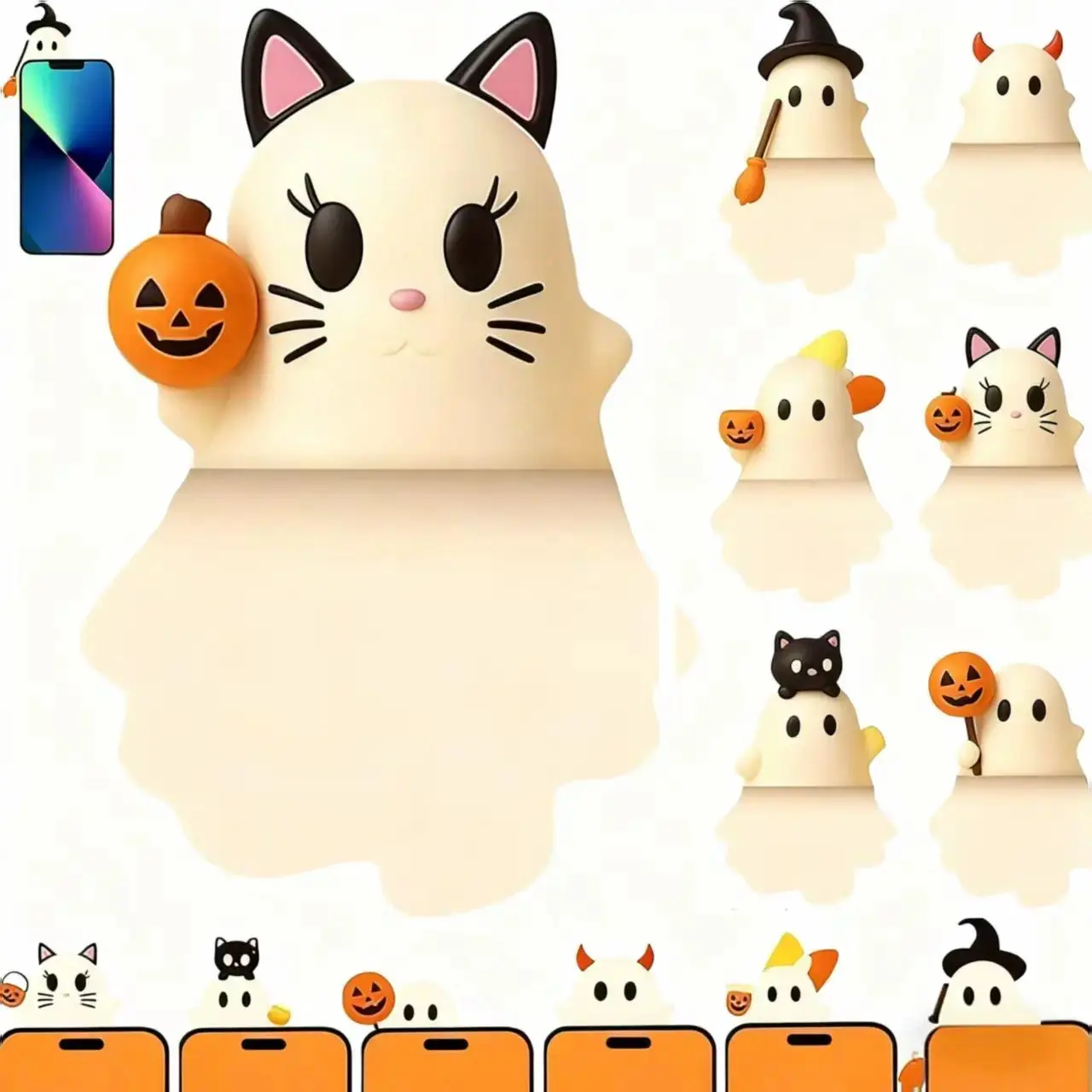Halloween Phone Accessories, Cute 3D Ghost Phone Charms with Peel & Stick Design, Spooky Mini Decorations Featuring Ghosts, Pumpkins & Bats, Fun Novelty Phone Decor for iPhone, Android, Desk Setup, Party & Holiday Gifts