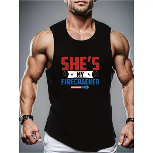 Retro Distressed She’s My Firecracker Red Blue Text Star Firework USA Flag Arrow Graphic Tank Top For Men, Patriotic Couple Matching 4th Of July Sleeveless Workout Tank Shirt, Independence Day Couple Daily Outfit