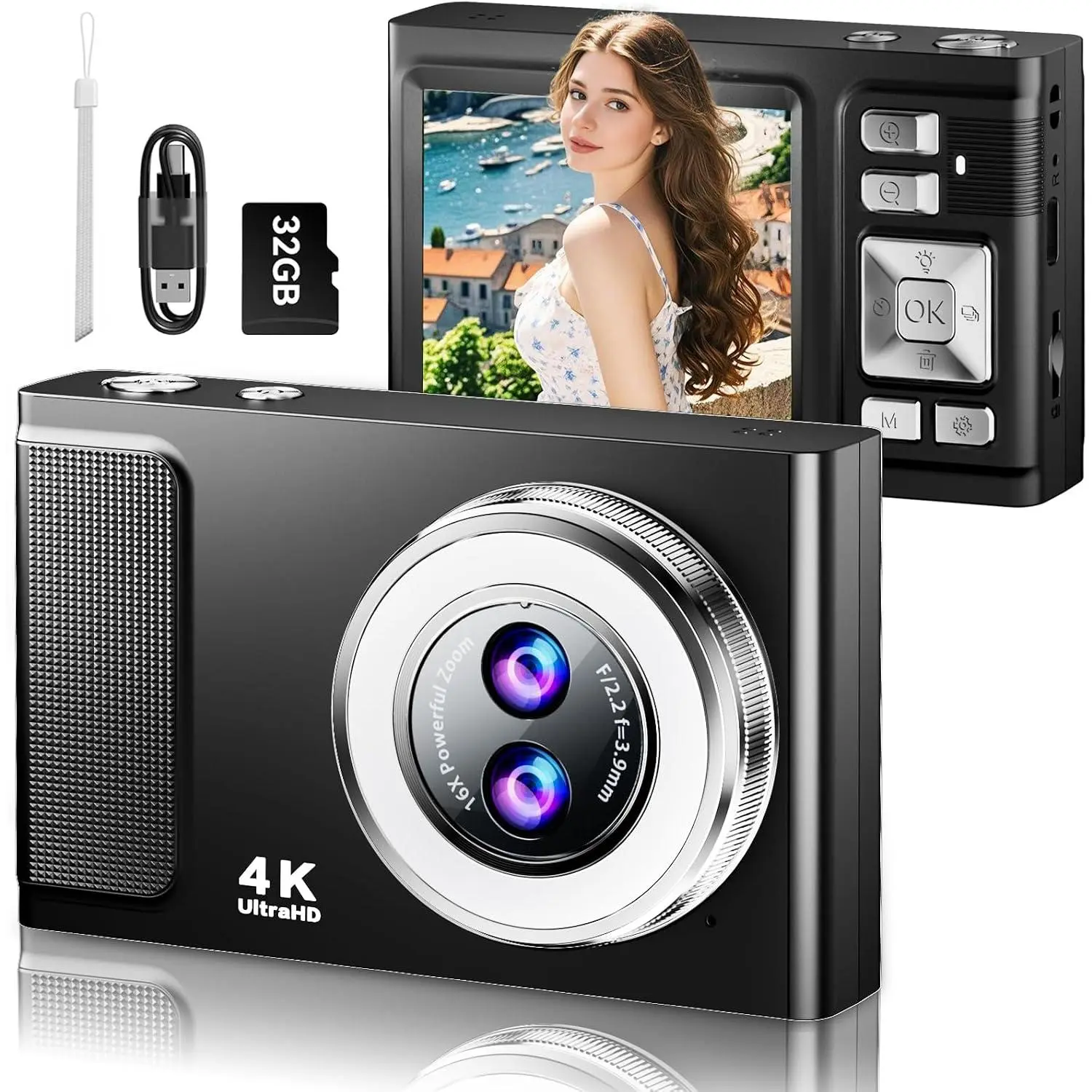 4K Digital Camera for Photography with Autofocus and 32GB Card - Black | Travel Camara 48MP Vlogging Camera for YouTube, 16X Zoom Retro CCD Style Compact Point and Shoot Camera for Teens