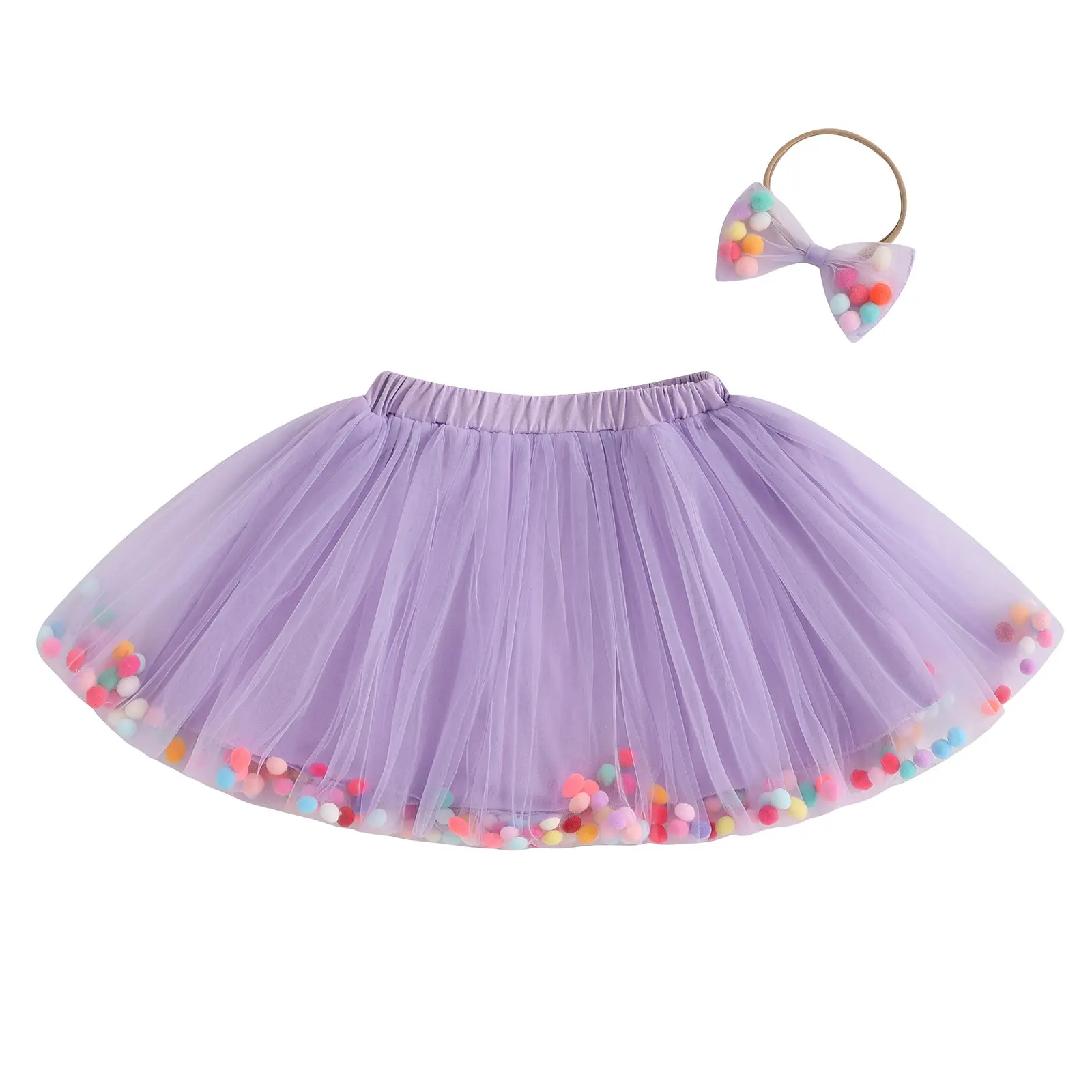 Canrulo Toddler Girl Tutu Skirt Colorful Floating Pom Poms Tulle Skirts Headband Birthday Tutu Outfit Princess Ballet Dress 1-5T