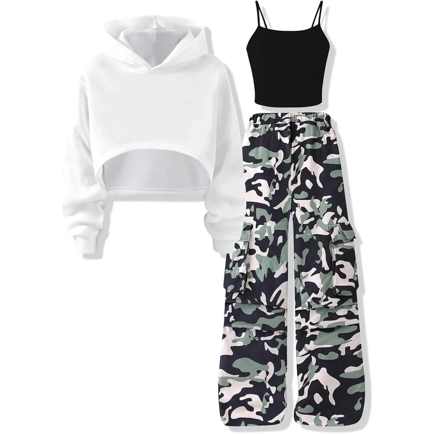 Girls Cute Clothes 3 Piece Cropped Hoodie + Cami Top + Cargo Pants Winter Spring Outfits for Teen Girls Size 7-14Y
