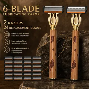 Men's Vintage Wood Grain Manual Razor Set Manual Shaving Kit, 2 Handles with 24 Replacement Blades, Ultra-Thin Sharp Blades, Ergonomic Grip, Smooth Shave Experience
