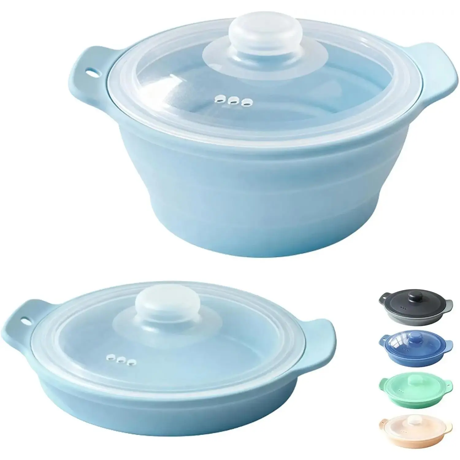42oz Silicone Microwave Steamer For Cooking, Collapsible Food Steamer For Vegetable, Seafood, Soup, Leftovers, Rice Cooker, BPA Free Small Steam Pot with Handle & Lid, Dishwasher Safe (Blue), 1 Pack