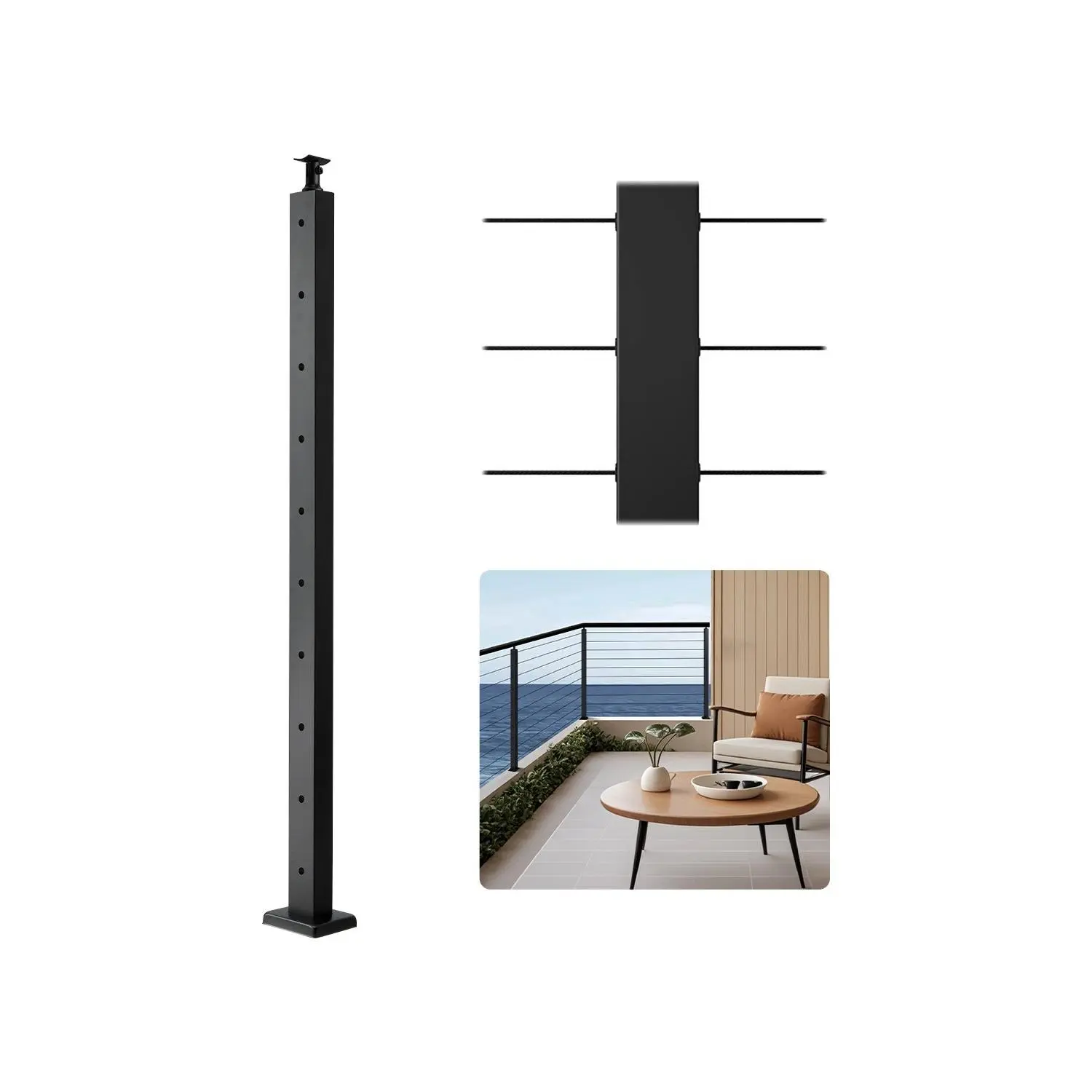VEVOR 1-Pack Cable Railing Post, 36x2x2 In Horizontal-Hole Deck Railing Post with Pre-Drilled Holes, Stainless Steel Cable Rail Post with Horizontal and Curved Bracket, Black, 1JZLGZXHS9148RVYS001V0