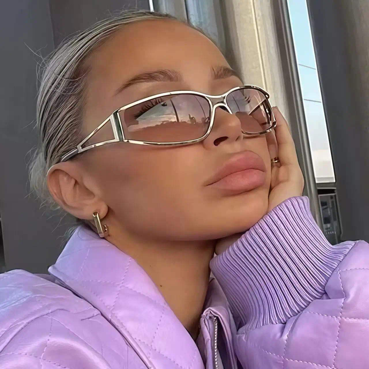 Women's Y2K Futuristic Polarized Sunglasses, Metallic Rectangular Frame Preppy Style Eyewear, Anti-Glare UV Protective Shades for Beach, Travel & Street Fashion Looks