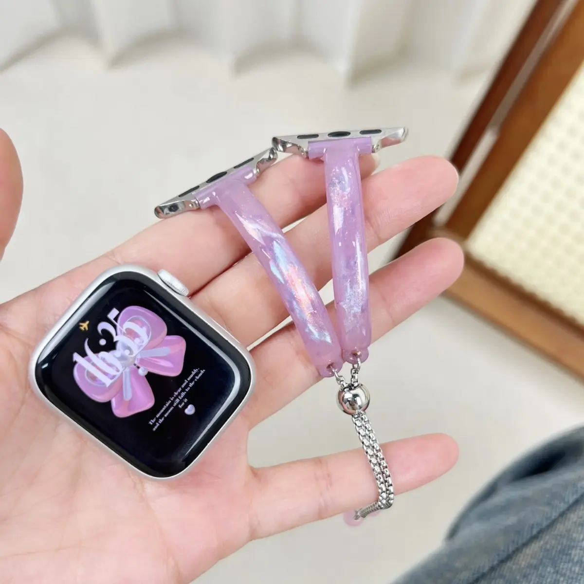 Kawaii Watch Band for Women, Purple Glitter Resin Jewelry-Style Strap, Adjustable Slim Fit Double Strand Design for Daily Wear