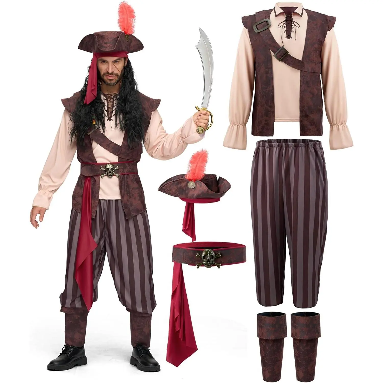 Men's Caribbean Pirate Costume Adult Sea Captain Robber Outfit for Halloween Cosplay Party(Gift)