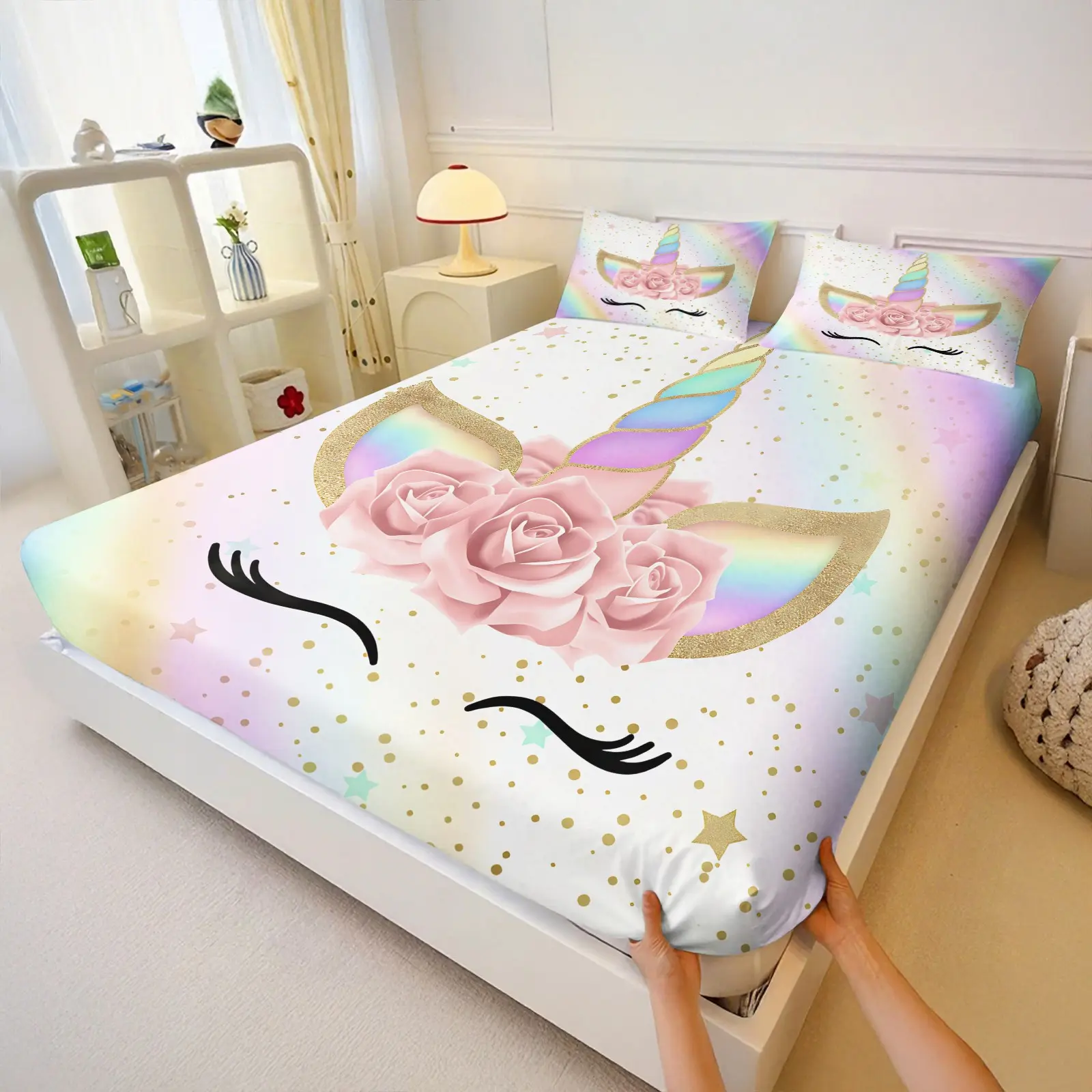 3PCS Rainbow Gradient Unicorn Print Fitted Sheet Set, Soft Microfiber, Deep Pocket Wrinkle Resistant Cute Bedding, For Bedroom Dorm, Gift Option