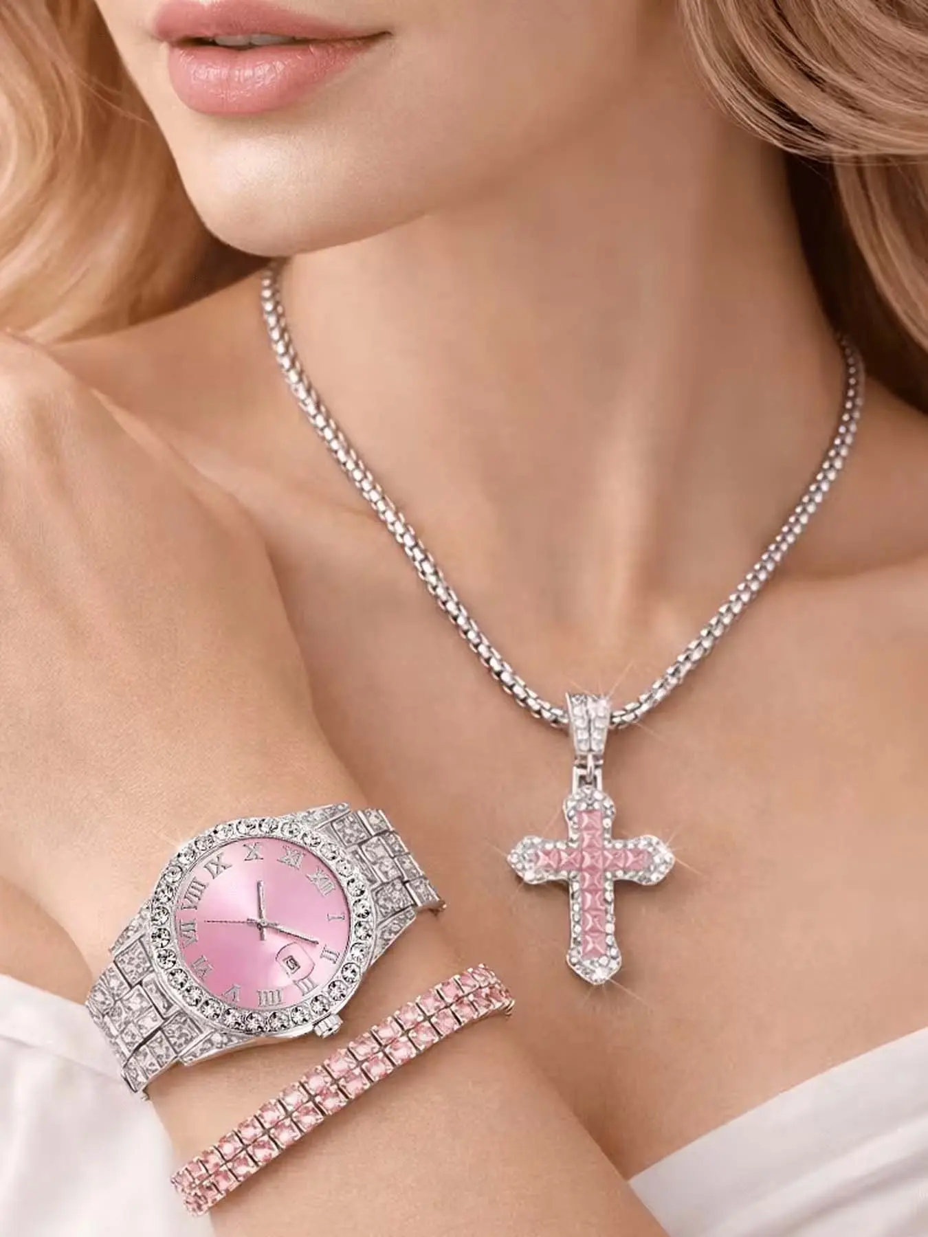 3-piece set of diamond-encrusted, full-diamond Roman numeral fashion women's watch with calendar, ladies' watch, women's wristwatch set