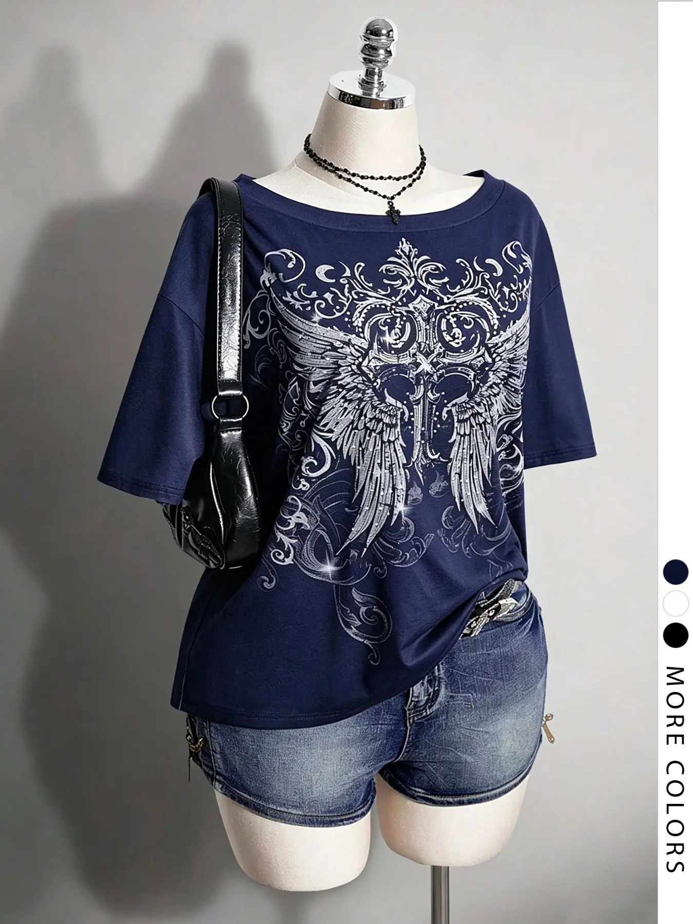 Women's Asymmetrical Shoulder Gothic Cross Pattern T-Shirt, Y2K Print Loose-Fit Round Neck Top, Gift Idea for Friends, Vintage Graphic Tee